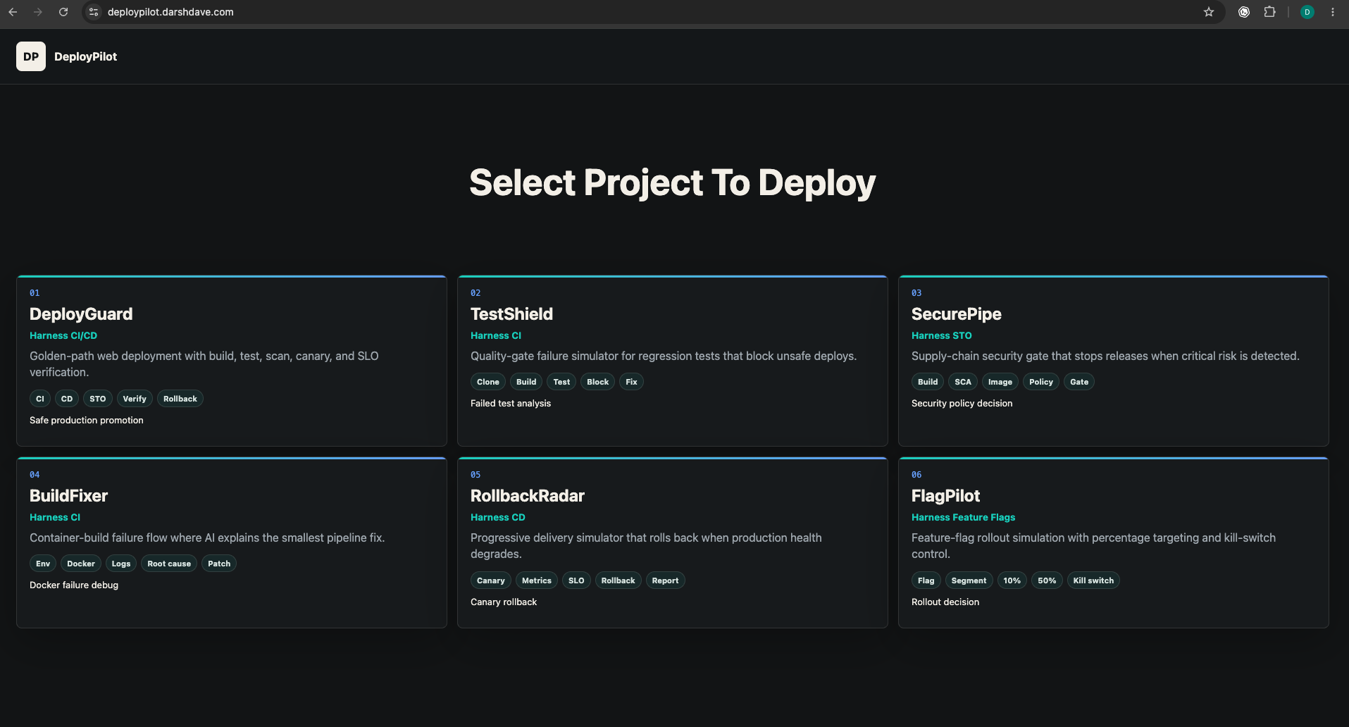 DeployPilot project selector screen