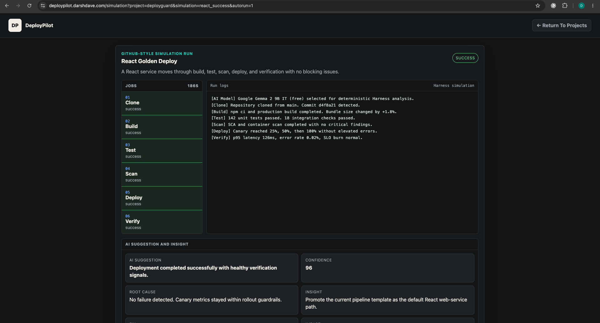 DeployPilot simulation logs and AI insight screen