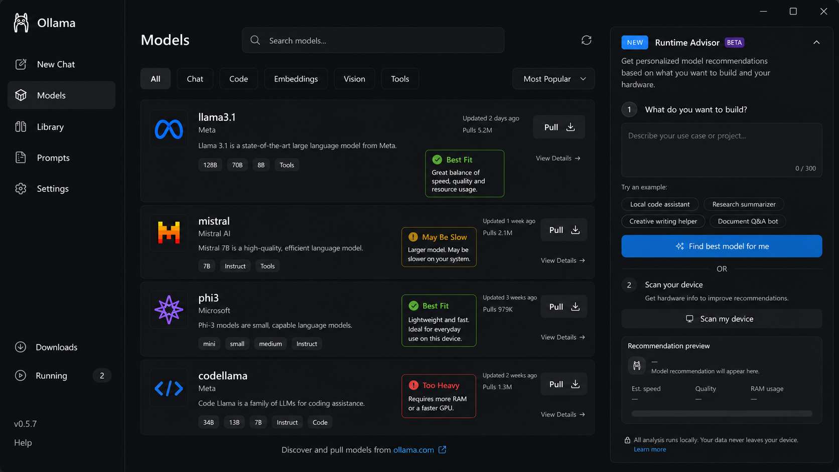 Ollama model library with advisor panel