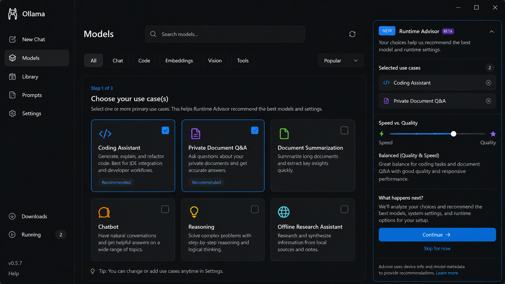 Ollama use case selection screen
