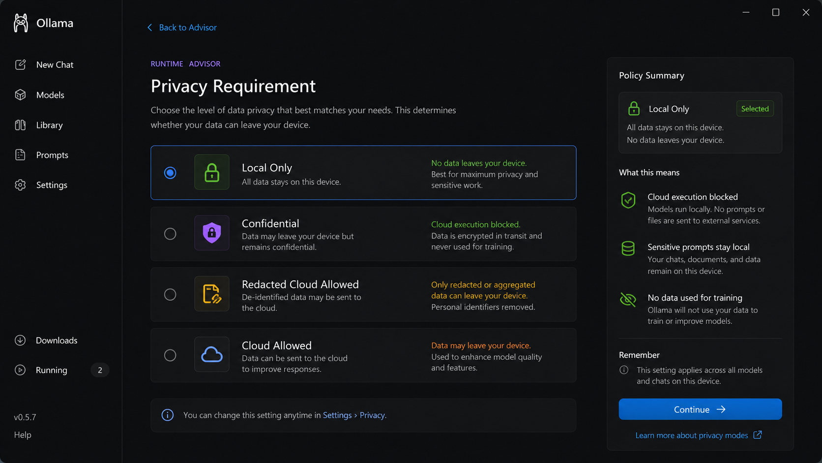 Ollama privacy requirement screen