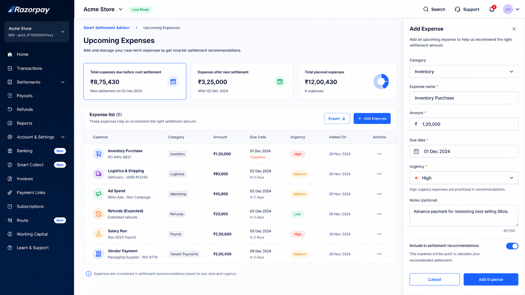 Razorpay upcoming expenses screen