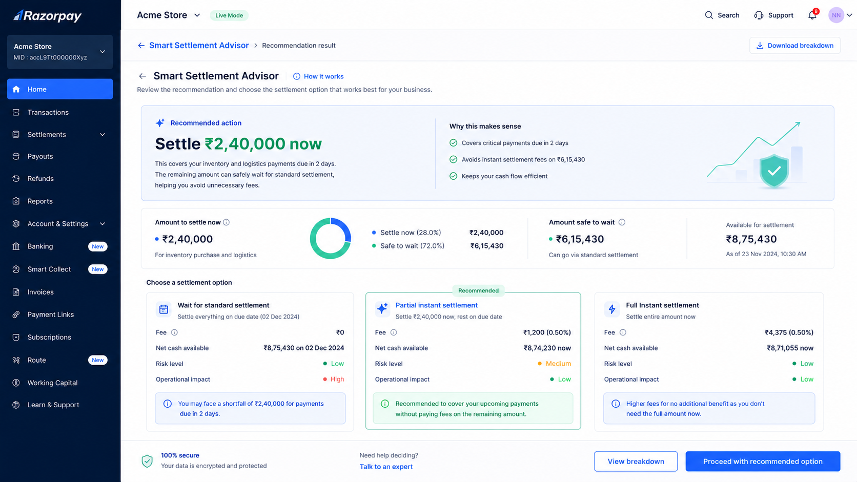 Razorpay smart settlement recommendation screen