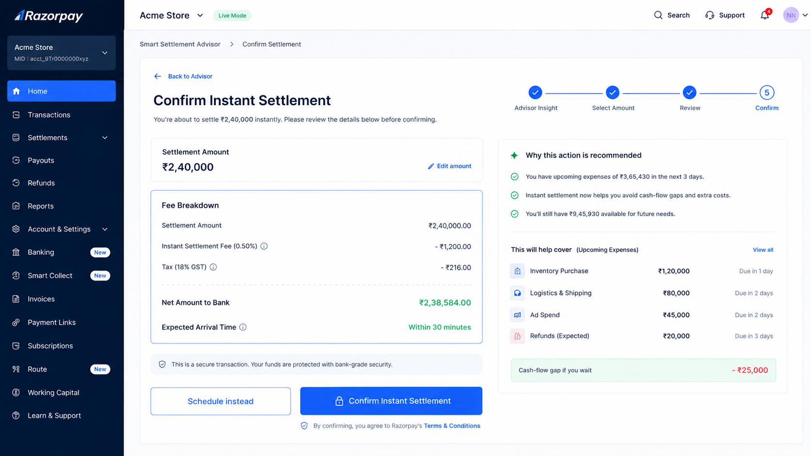 Razorpay confirm instant settlement screen