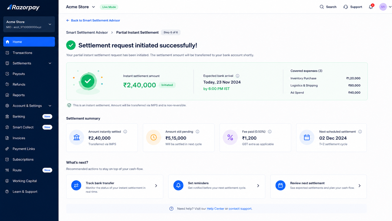 Razorpay settlement request success screen