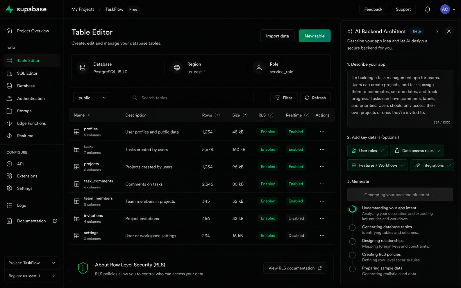 Supabase table editor with AI backend architect panel