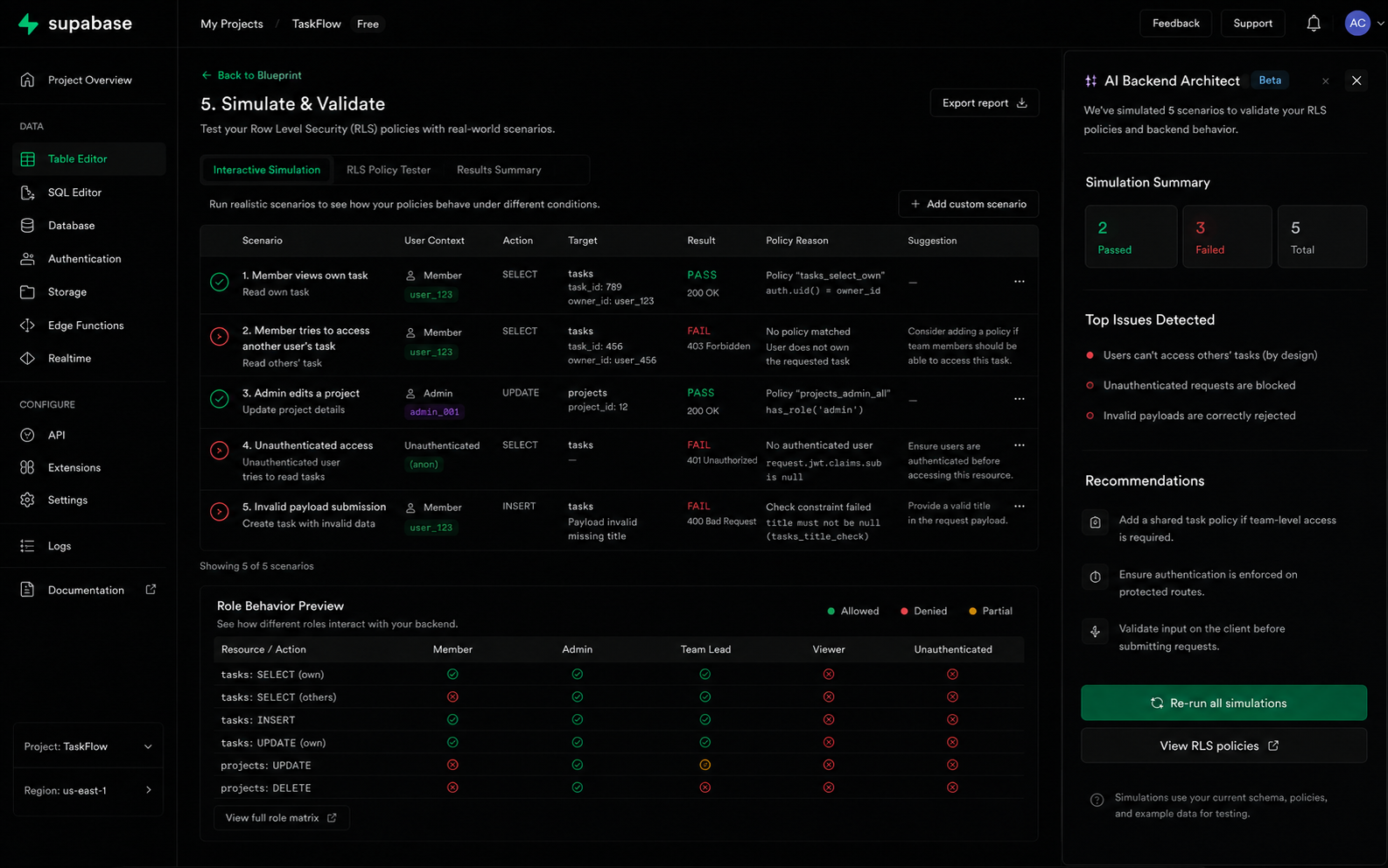 Supabase simulation and validation screen