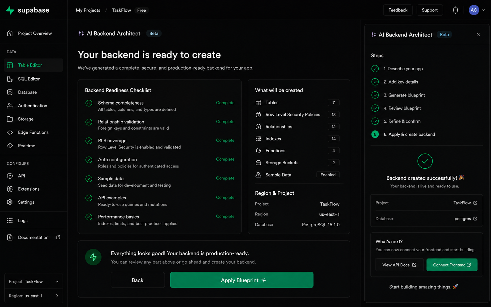 Supabase backend ready to create screen
